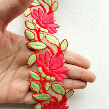 Gold Sheer Trim With Red And Green Floral Embroidery, Approx. 55mm Wide